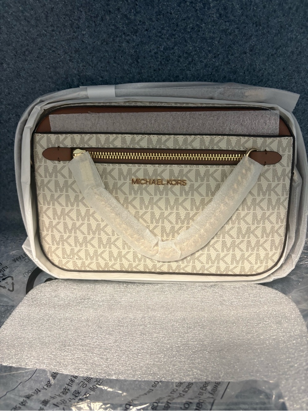 Michael Kors Beige/White MK Logo Crossbody with Gold Hardware